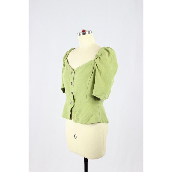 Aritzia WILFRED Janine Green Linen Blend Peplum Prairie Blouse Top, Size M - Picture 4 of 16